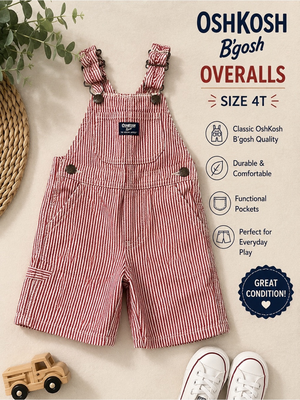 OshKosh B’gosh Red & White Striped Short Overalls Size 4T